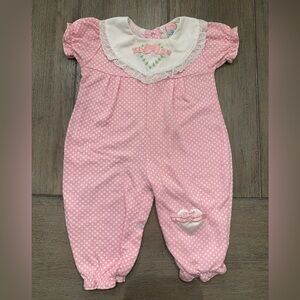 Vintage Y2K Pink Polka Dot Baby Snap Romper 6/9M